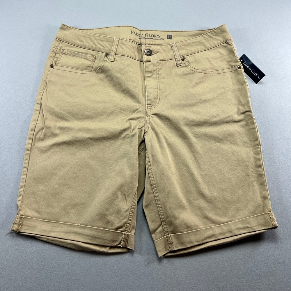 Faded Glory Bermuda Shorts Womens 16 Brown Cotton Stretch Mid Rise Cuffed Hem